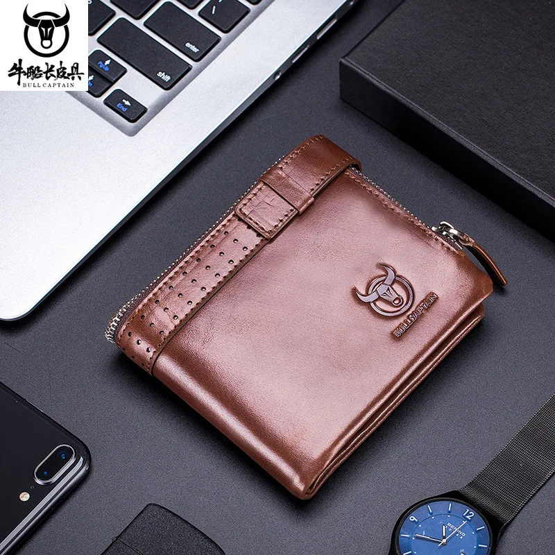 

Кошелек на молнии с короткой пряжкой, мужской кожаный противоугонный кошелек, горизонтальный, тройной, тонкий, деловой, мягкий кошелек