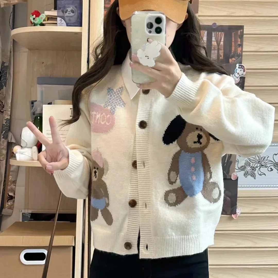 cute star american cartoon puppy Jacquard sweater cardigan sweet women lovely short jacket college preppy style winter clothes