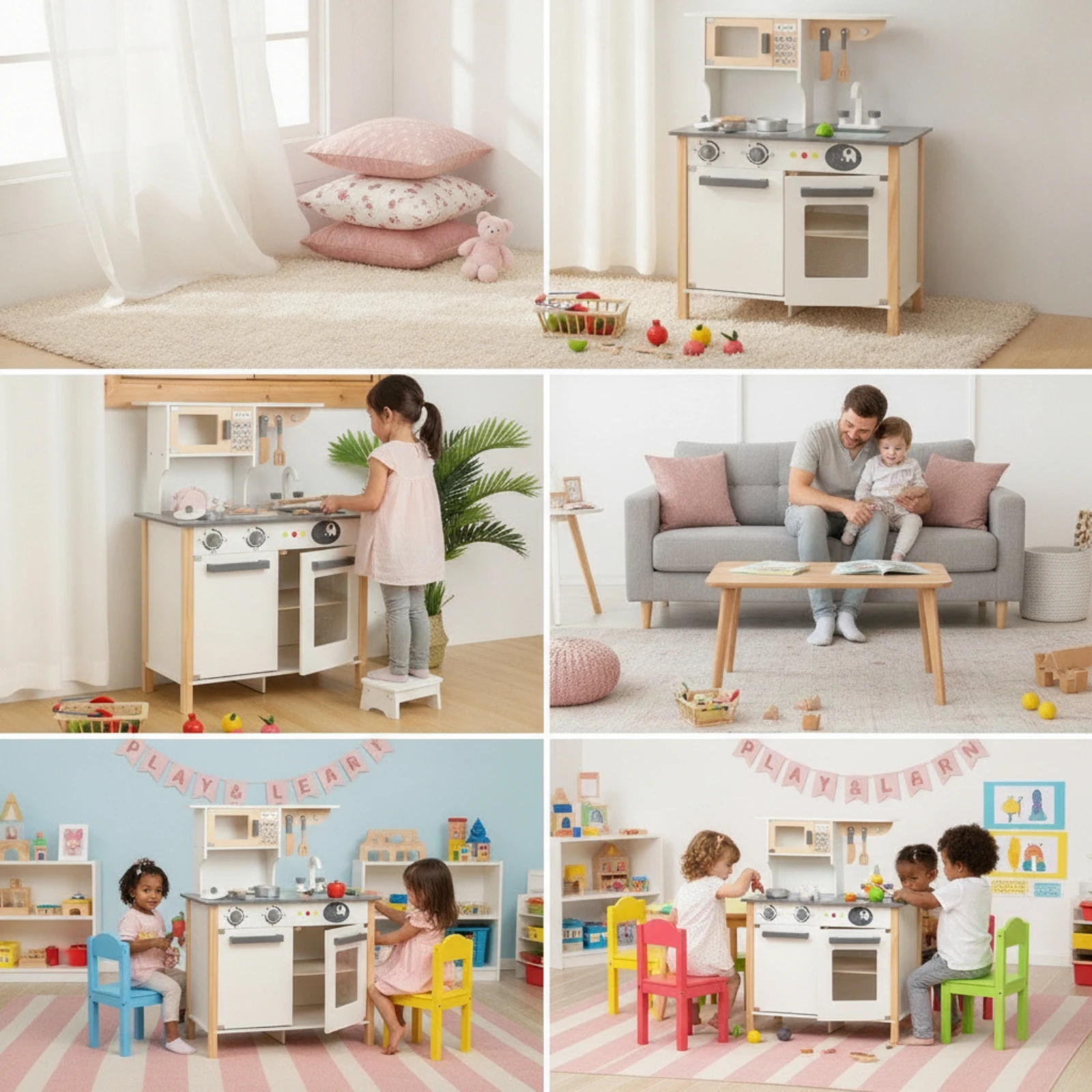 Wooden Play Kitchen Freestanding Kids Kitchen Playset Wooden Play Cooking Set Floor-Standing Cooking Utensils Playset Creative