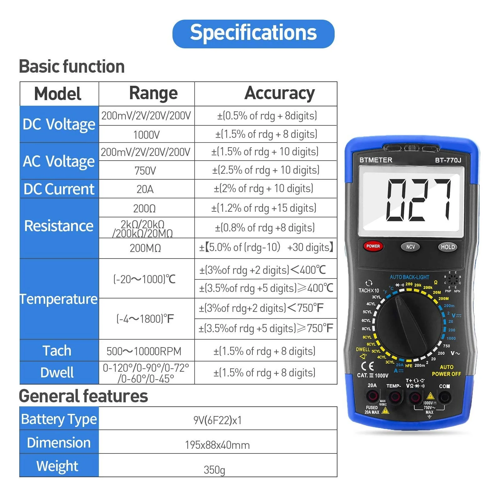 Automotive Multimeter HP-770J Car Digital Multimeter Manual Track Volt DetectorSpeed/RPM,HOLDPEAK HP-605A Clamp Meter 600A AC/DC