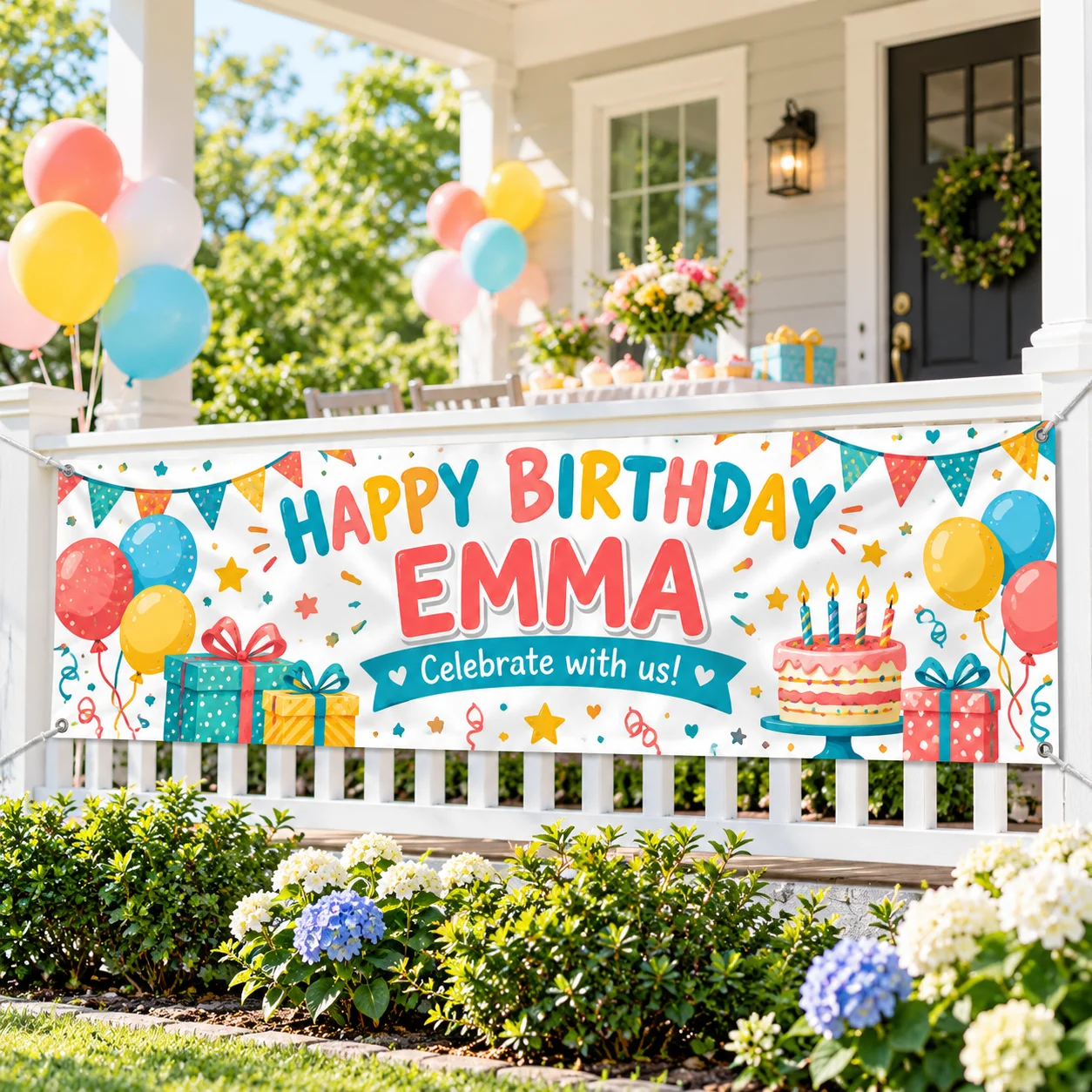 Custom Garden Railing Banner Personalized Photo Logo Polyester Pongee Flag 300x50cm with 4 Corner Grommets for Balcony Home Deco