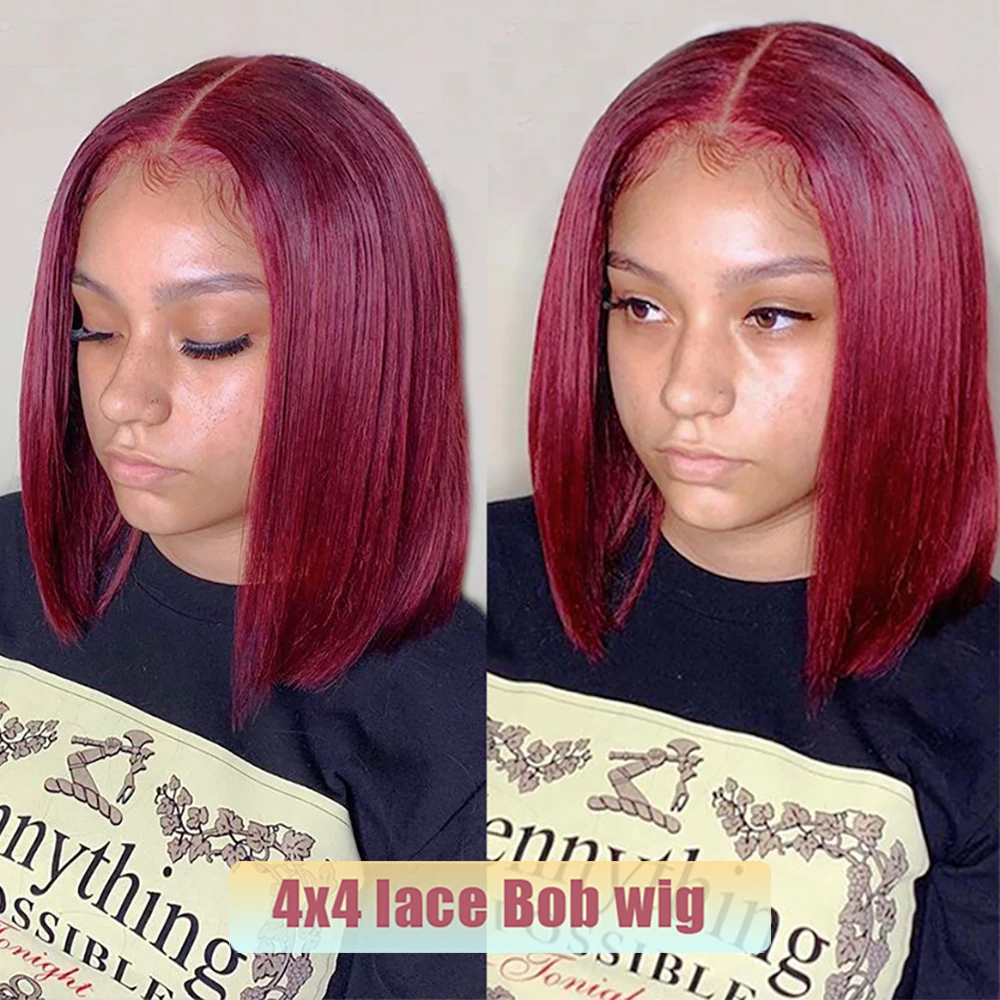 Wig Bob Pendek Burgundy Pre Pluckes 13X4 Rambut Manusia Berwarna Renda Wig Frontal Ombre 4X4 Penutupan 99J Merah Lurus Bob Renda Depan W