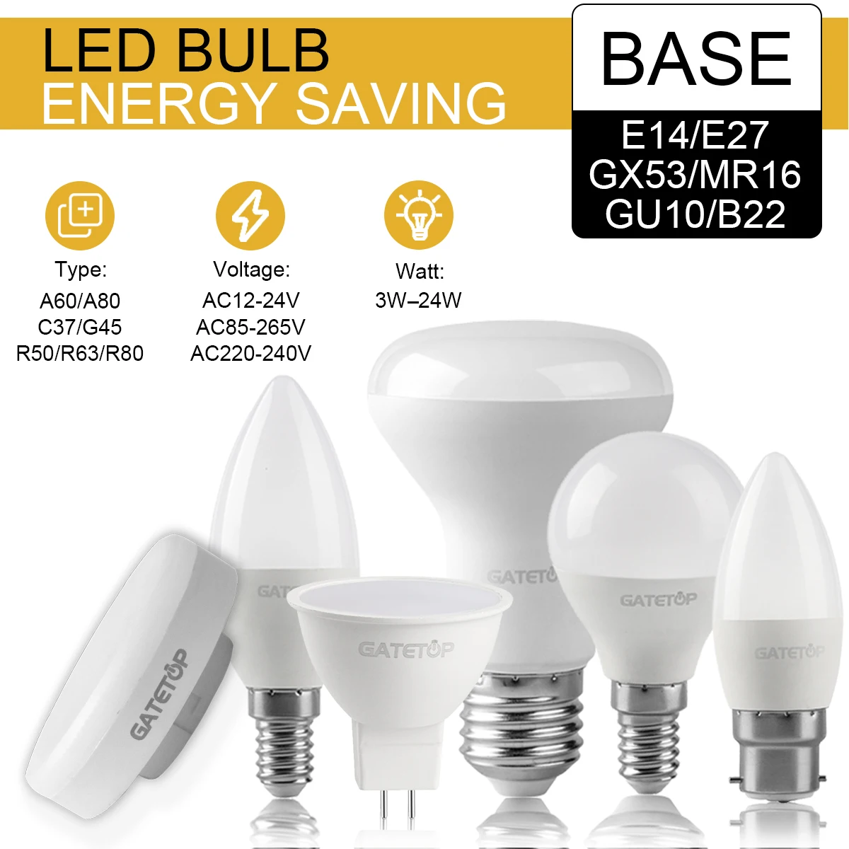 LED Light Bulbs AC220-240V 24W 18W 15W 9W LED Bulb Energy Saving Bulbs E27 E14 GU10 Standard Base Lighting LED Bombilla