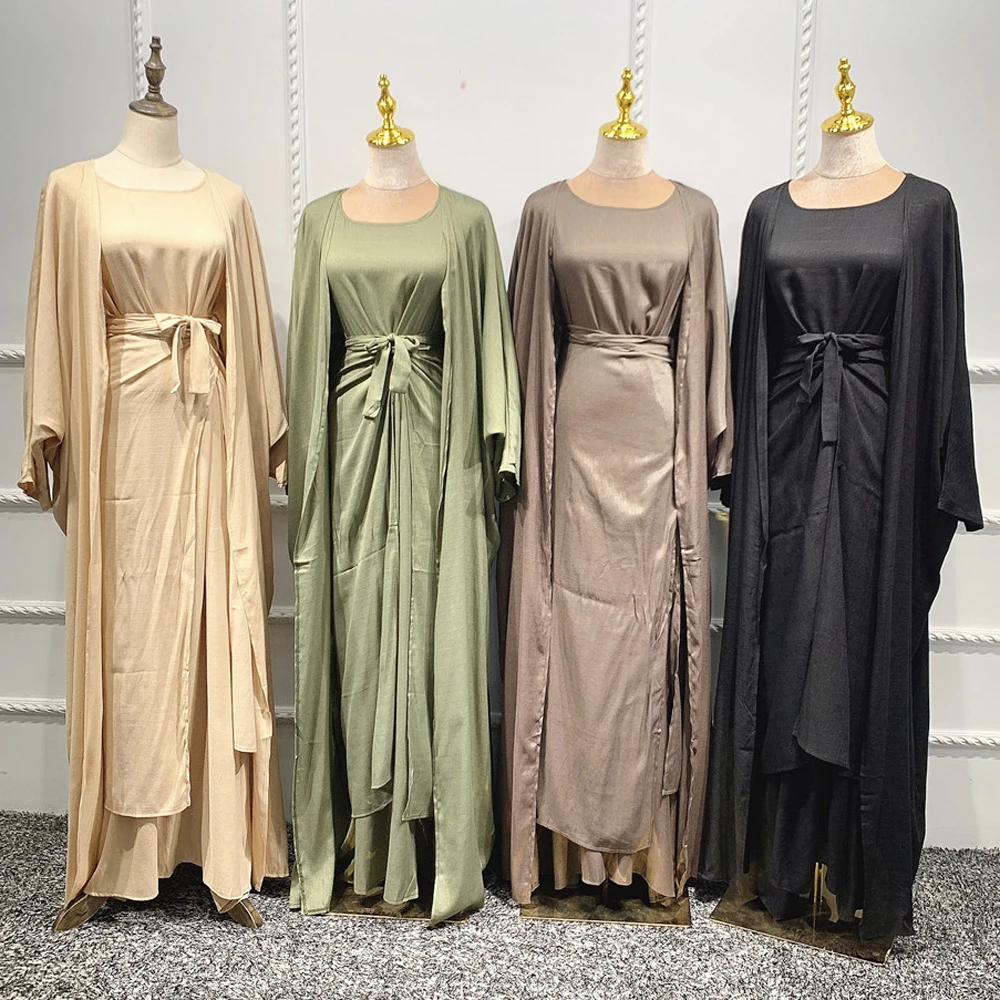 

3 Piece Matching Set Satin Women Turkey Muslim Dresses Dubai Outfit Plain Hijab Kimono Open Abaya Maxi Dress Wrap Skirts Ramadan