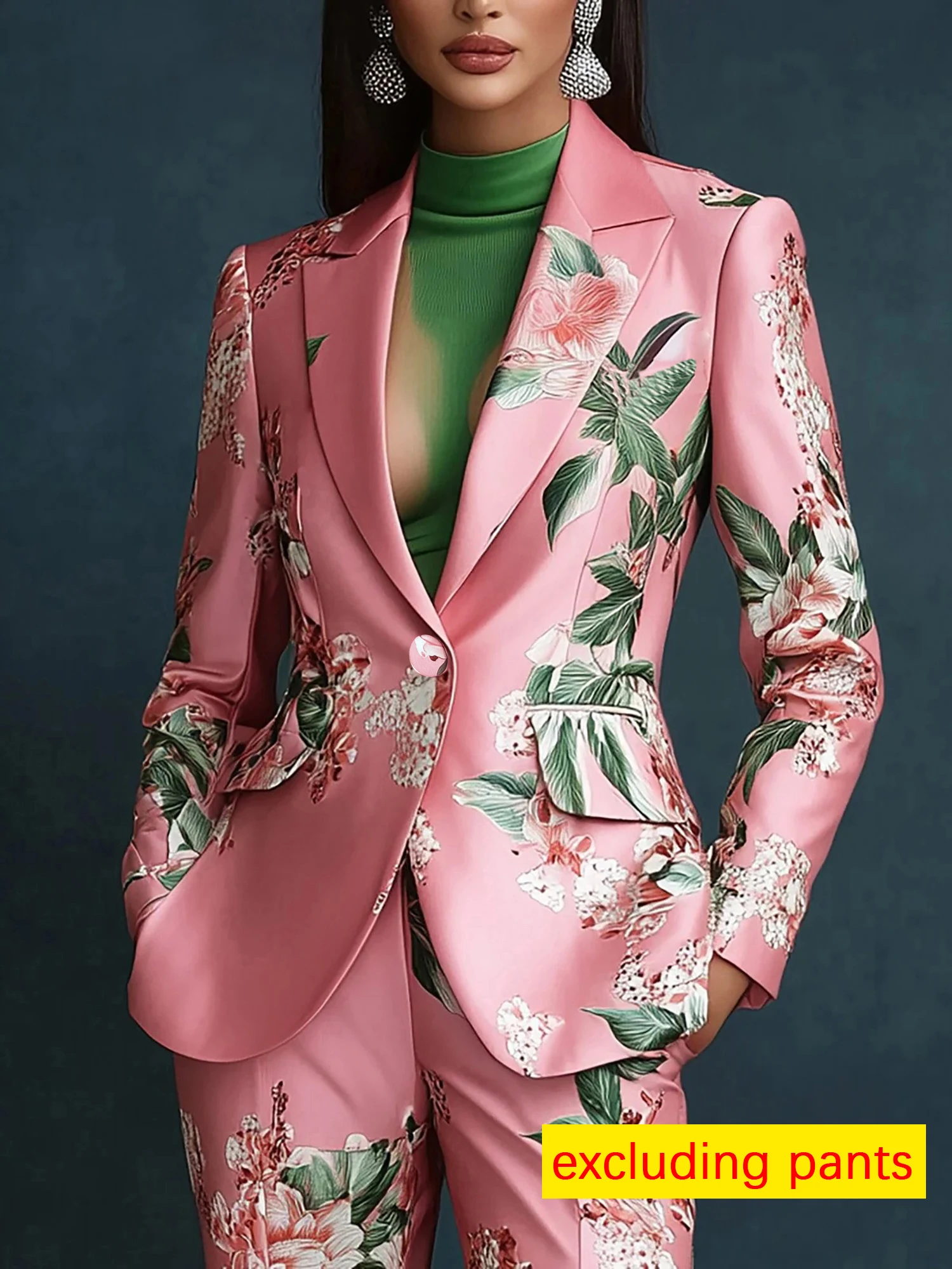 Elegant Fashion Casual Satin Flower Print Women's Suit Blazer Jacket Exquisite Single Button Double Pocket Long Sleeve Coat