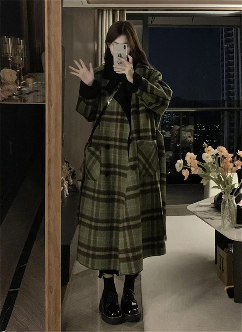 Wearing a Plaid Woolen Coat On Both Sides Women's Autumn And Winter 2023 Loose Fitting Medium Length Thickened Premium Overcoat