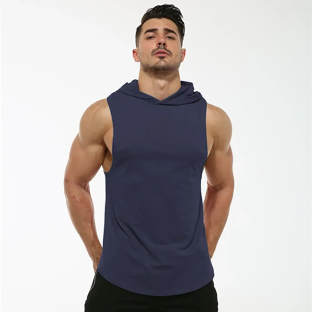 MRMT 2024 Brand New Men's t shirt  t-shirt for male Tops tshirt Men's Fitness Hooded Vest Elastic Hooded Sleeveless Curved Hem