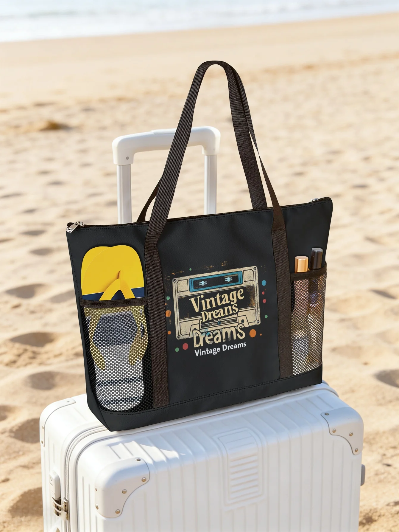 

Винтажная сумка с принтом-надписью "Retro Dream", вместительная женская пляжная сумка, водонепроницаемая дорожная сумка через плечо с карманами.