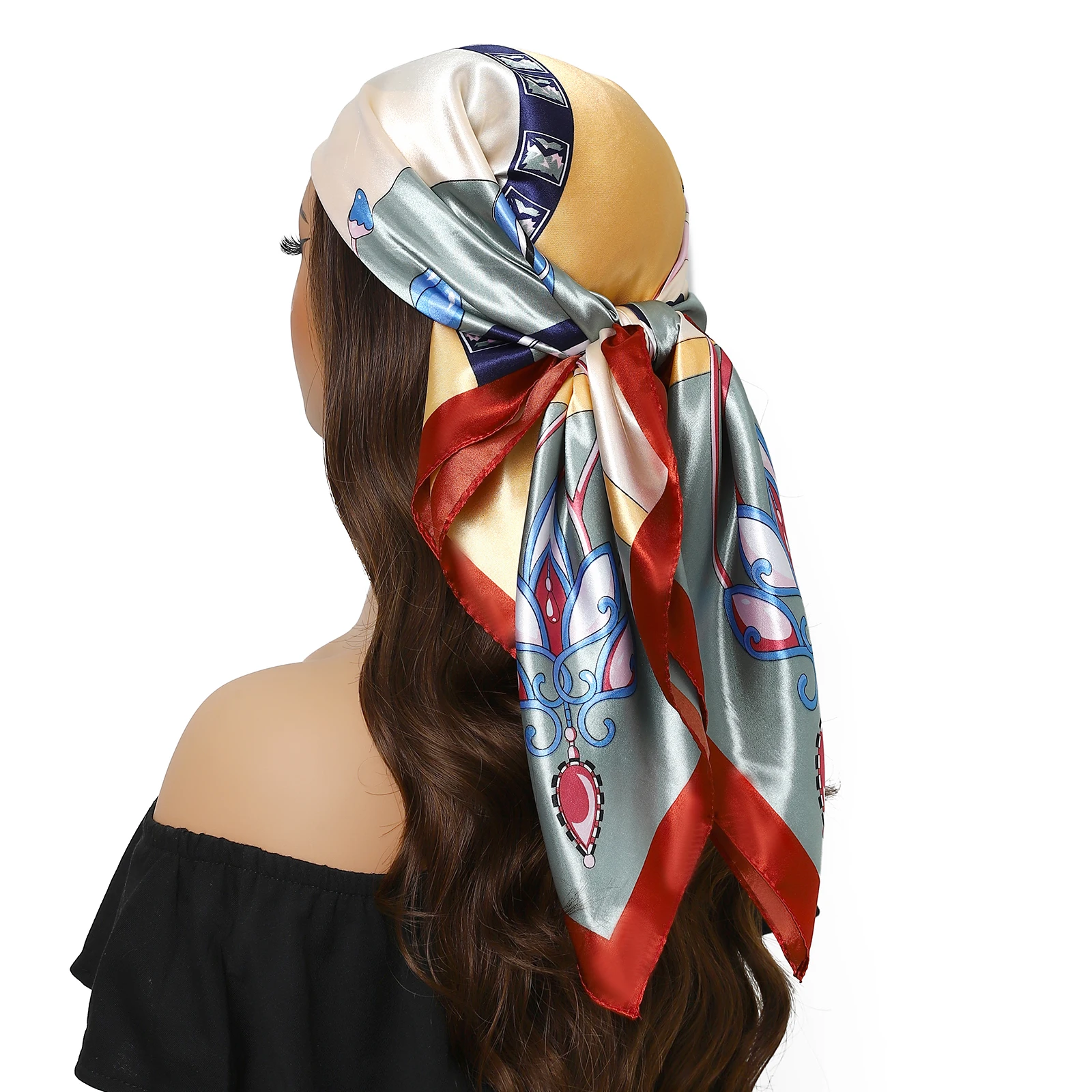 1 piece of 35.4 inches Square Shawls, Women Luxury Brand Kerchief Summer 90X90CM Bandanna, Fashion print Foulard Satin Headcloth