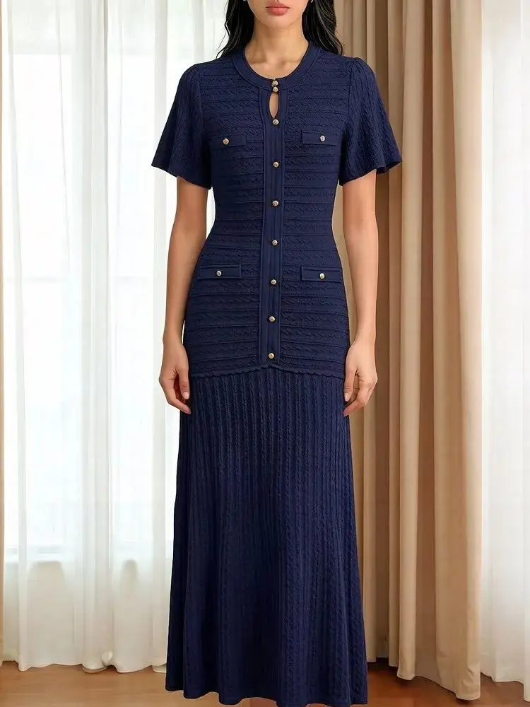 Gebreide slanke maxi jurk dames korte mouw geplooide zoom lange jurk dames geplooide feestjurk vestidos 2026 nieuwe streetwear chique jurk - afbeelding 2