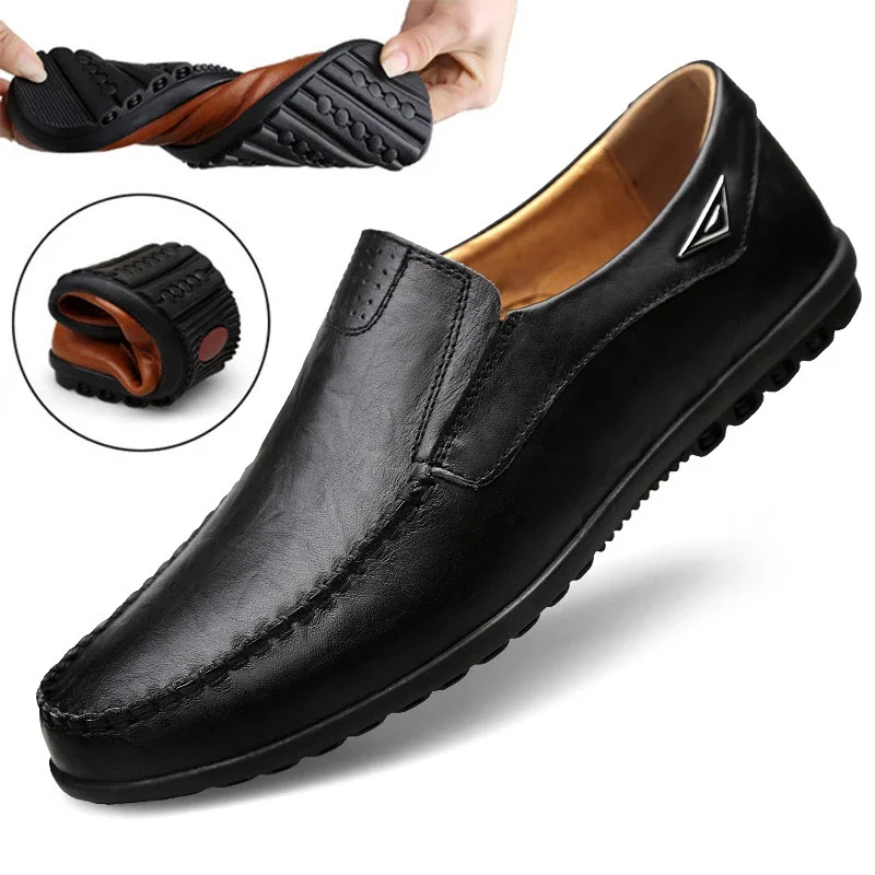 Luxury Brand Genuine Leather for Men Fashion Casual Shoes Slip on Loafers Breathable Black Driving Shoes Big Size Men Moccasins