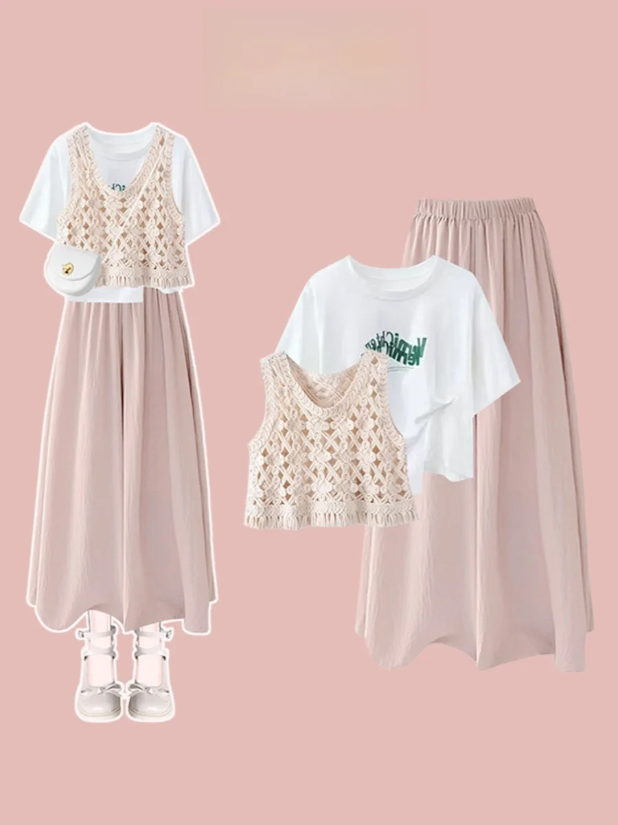 

Summer Pink Spun Yarn Skirt ort White Top Set Tandem Beige Vest Faionable Tee-Piece Women's Ensemble round Ne ...