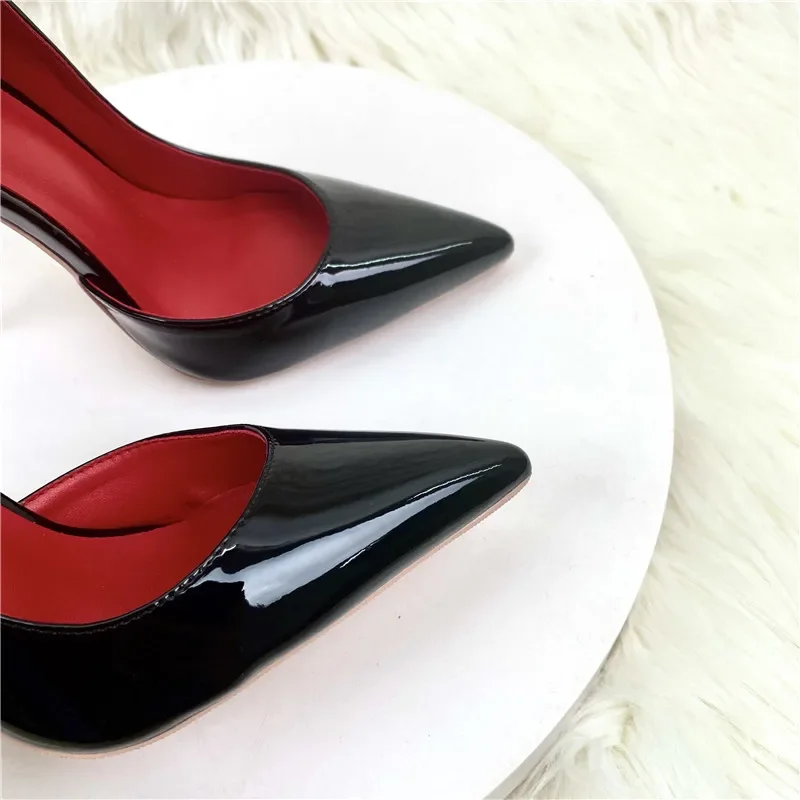 Black Pointed Super High Heels for Women 2025 Summer New Style, Shallow Mouth Sexy Plus Size 12cm Patent Leather Single Shoes