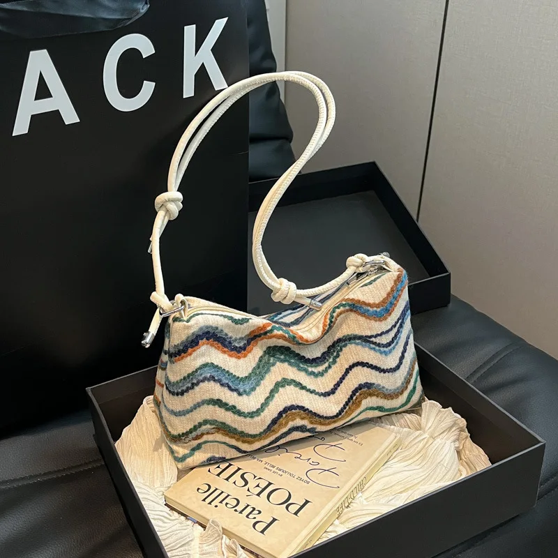 

​​2025 Boho Striped Crossbody Bag Large Capacity Relaxed Bucket Purse for Work Ethnic Knit Underarm Shoulder Bag​