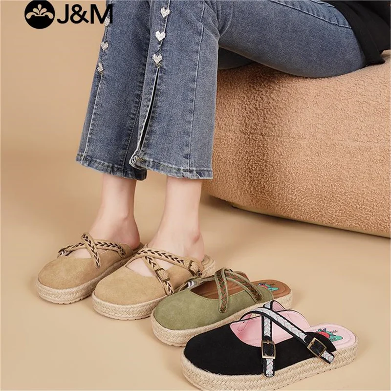 J & M-Mules en cuir pour femmes, espadrilles respirantes, chaussures décontractées, sandales de plage à enfiler, collection printemps été 2024