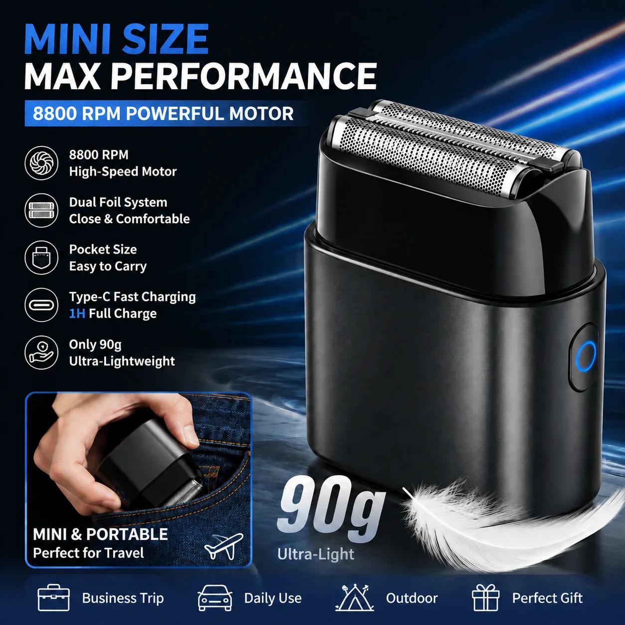 Mini-Elektrorasierer 90g Doppelfolienrasierer IP7 Wasserdicht 8800 U/min Nass/Trocken Barttrimmer Tragbarer Mini-Elektrorasierer für Männer Reise- und Heimgebrauch