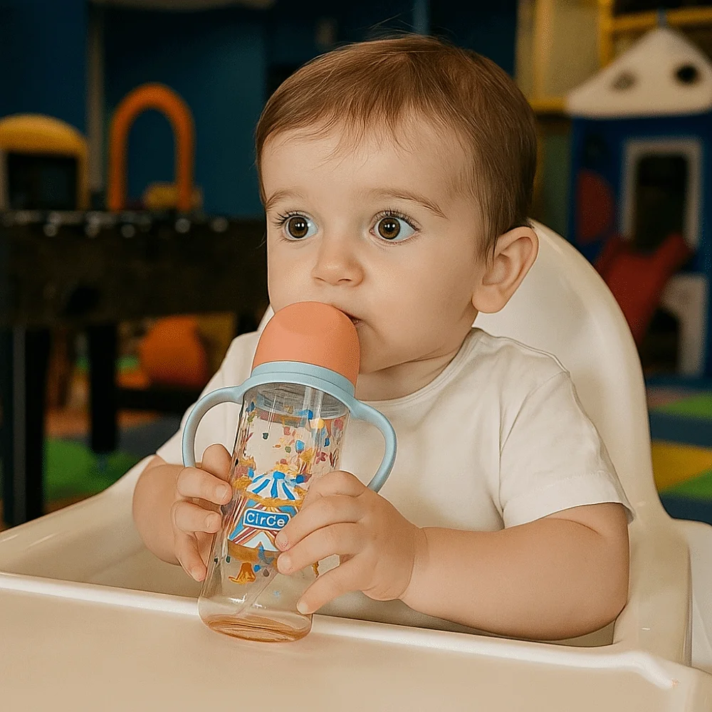 

Cartoon Baby Milk Bottle with Handle Animal Pattern Baby Feeding Bottle Drop Resistant Transparent Toddler Milk Cup Travel