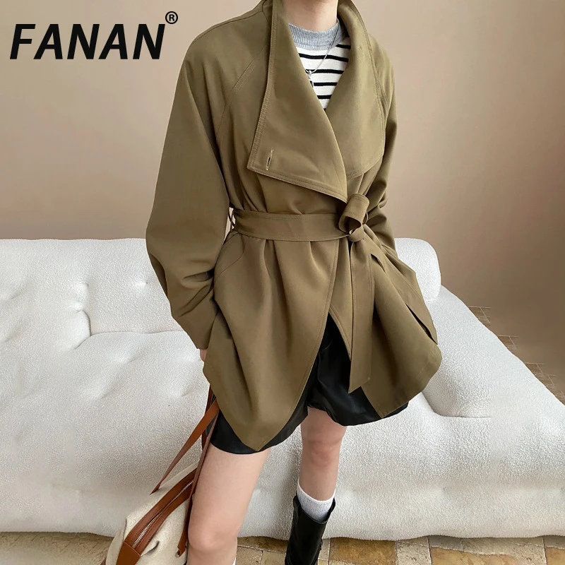 

FANAN Elegant Asymmetry Trench For Women Lapel Belt Gathered Waist Office Lady Fit Windbreaker Fashion Coats 2025 Autumn New
