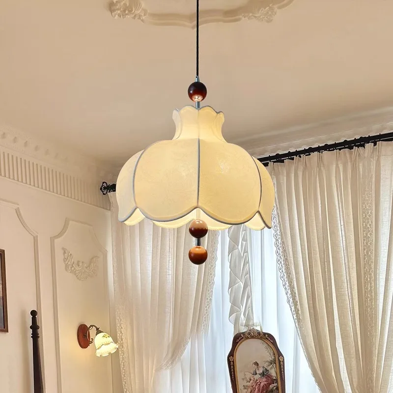 

Japanese Wabi-sabi White Petal Fabric Pendant Lights Wooden Bead Hanging Lamps Living Room Bedroom Kitchen Restaurant Chandelier