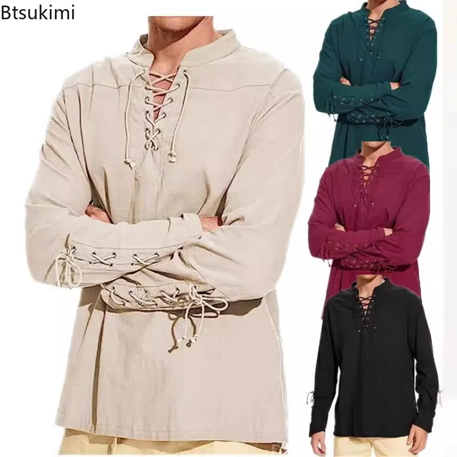 

2025 New Men's Casual Blouse Cotton Linen Shirt Tops Long Sleeve Tee Shirt Spring Autumn Medieval Vintage Viking Punk Costumes