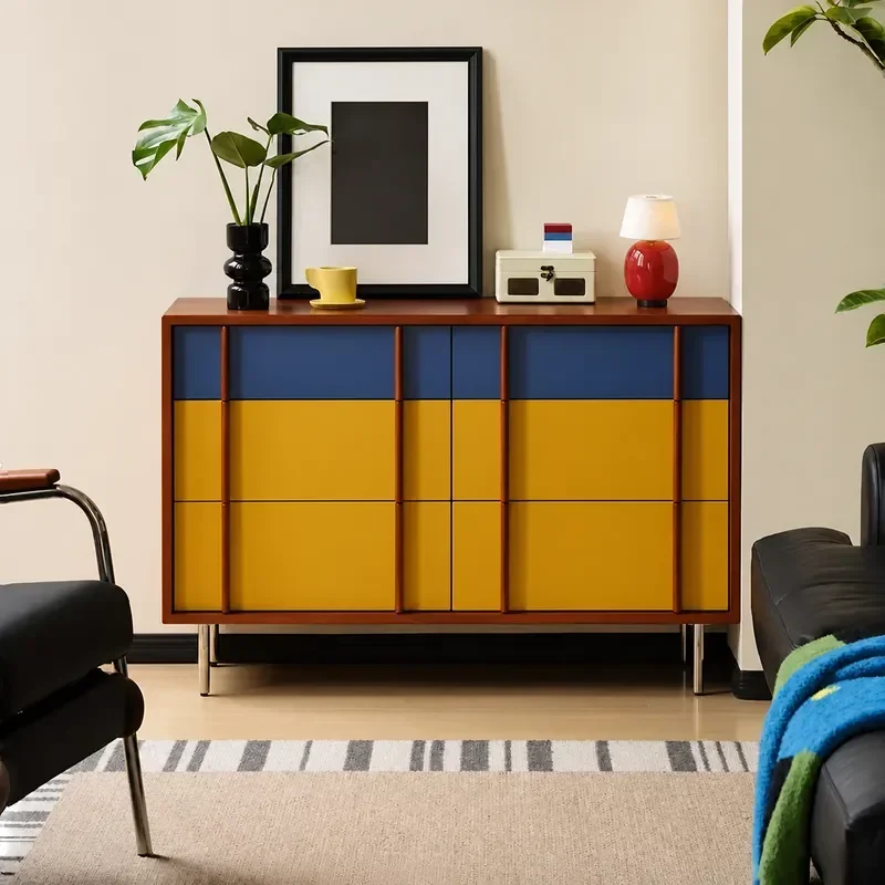 Qianchuan Chinese Antique Style Dining Side Cabinet Six Drawer Chest Contrasting Color Storage Locker for Living Room Bedroom