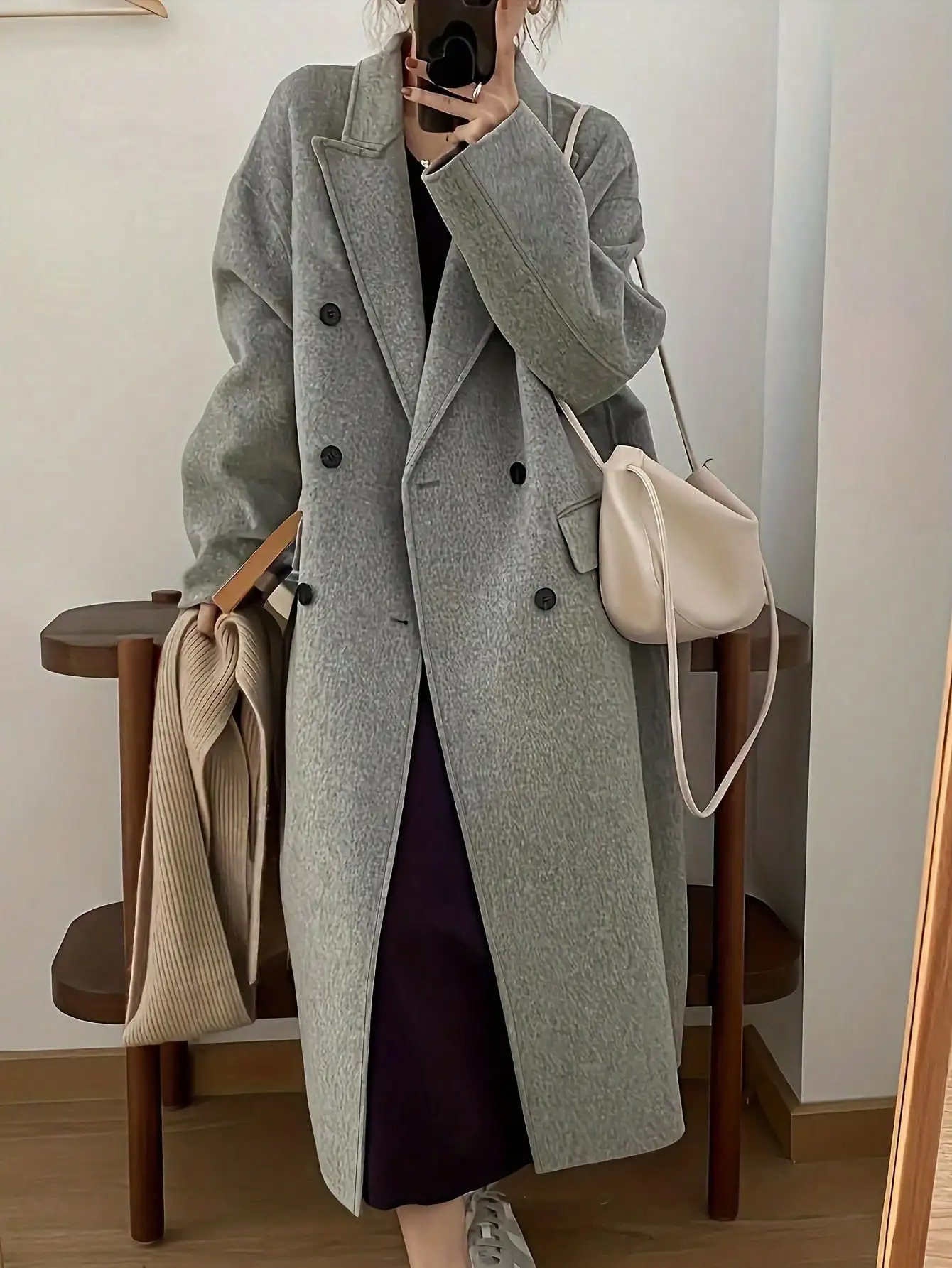 

Women's Long Double-Breasted Coat with Lapel, Drop Shoulder, Pockets - Casual Autumn Winter Outerwear