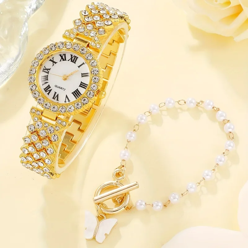 1pc Rhinestone Decor Quartz Watch Casual Analog Dress Watch & 1pc Bracelet, Gift For Mother\'s Day Valentine\'s Day