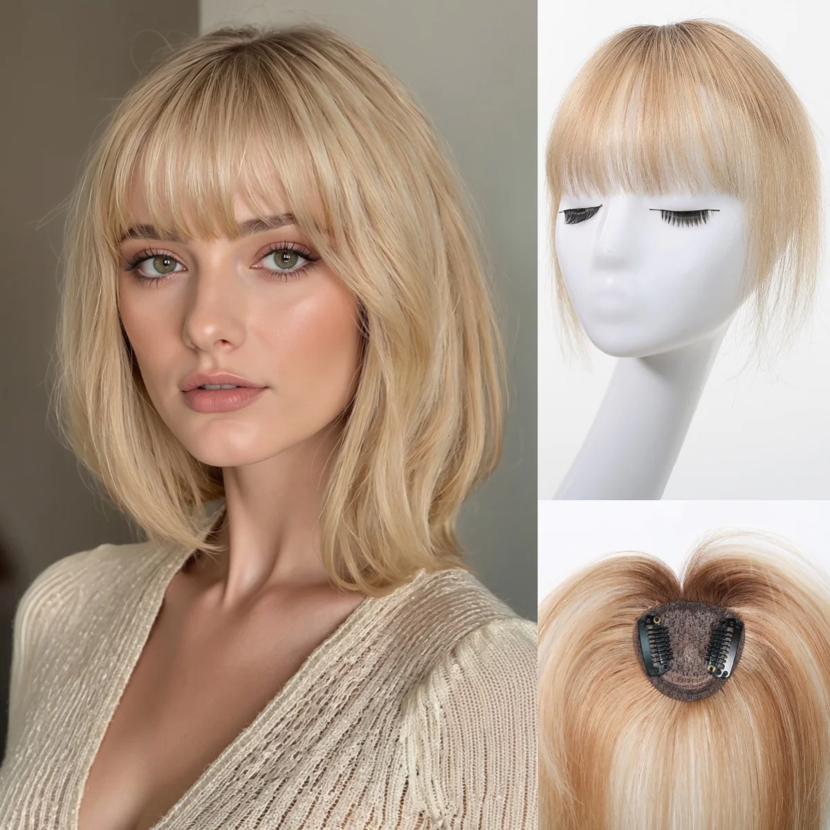 Golden Blonde 5x5 Heart Shaped Hair Topper 10 Inch Straight 100% Remy Human Hair Clip In  Bangs with Wispy Fringe for Women