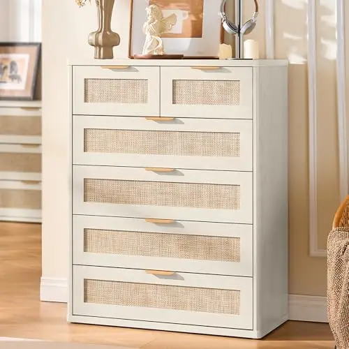 White Dresser for Bedroom, 41" Tall Chest of Drawers, Modern 6 Drawers Boho Rattan Dressers with Storage, Dresser - view 6
