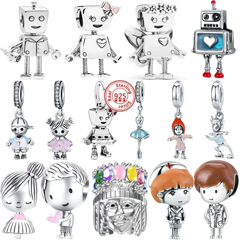 

100% 925 Sterling Silver Boy Girl Robot Indian Family Beads Fit Original Pandora Charms Bracelet Women DIY Jewelry Free Shipping