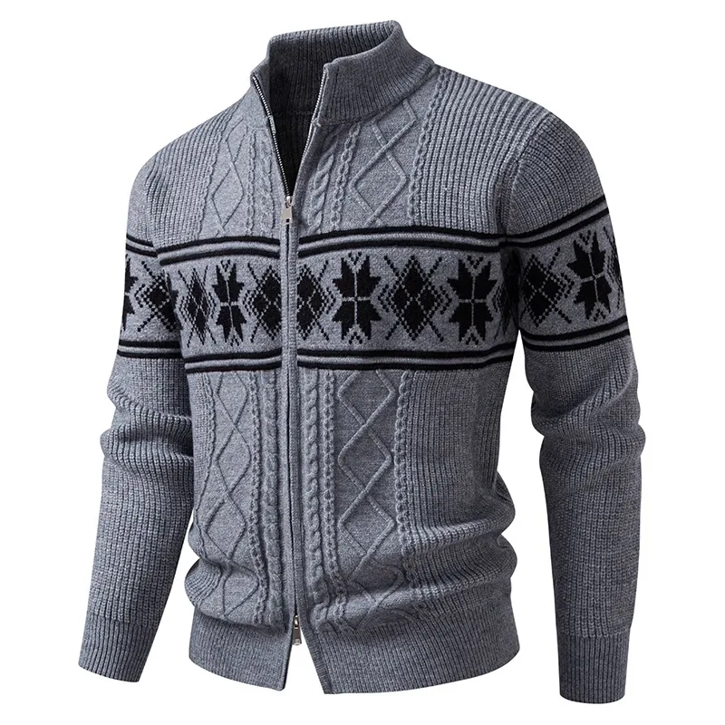 Men's Beige Nordic Snowflake Pattern Knit Cardigan Full Zip Stand Collar Long Sleeve Sweater for Men Autumn Winter