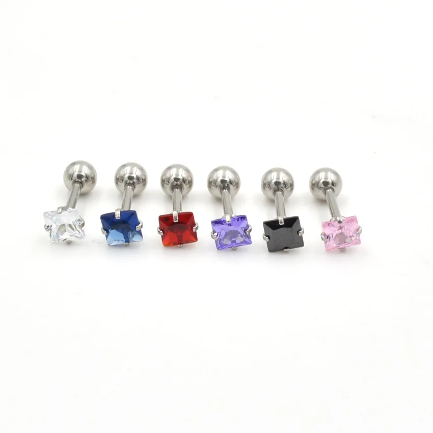 Multy Color For Choose 1Pair Screw-back 16G Men Women Stud Earrings Stainless Steel 3mm Square AAA Zircons Good Quality