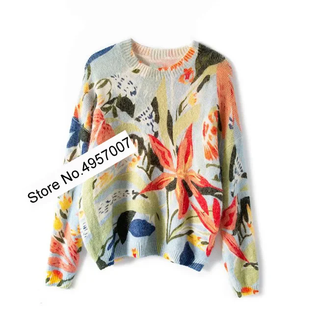 High Quality Ladies Mohair & Wool O Neck FLower Intarsia Printed Knitted Jumper Top - Women Newest Knit Pullover Sweater