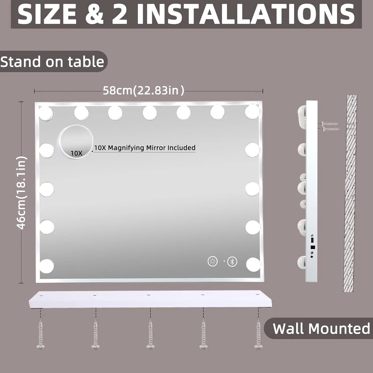 مرآة مكياج كبيرة مضاءة مع مكبر صوت بلوتوث، و15 لمبة LED، و3 أوضاع إضاءة، وشحن USB، وتكبير 10 مرات