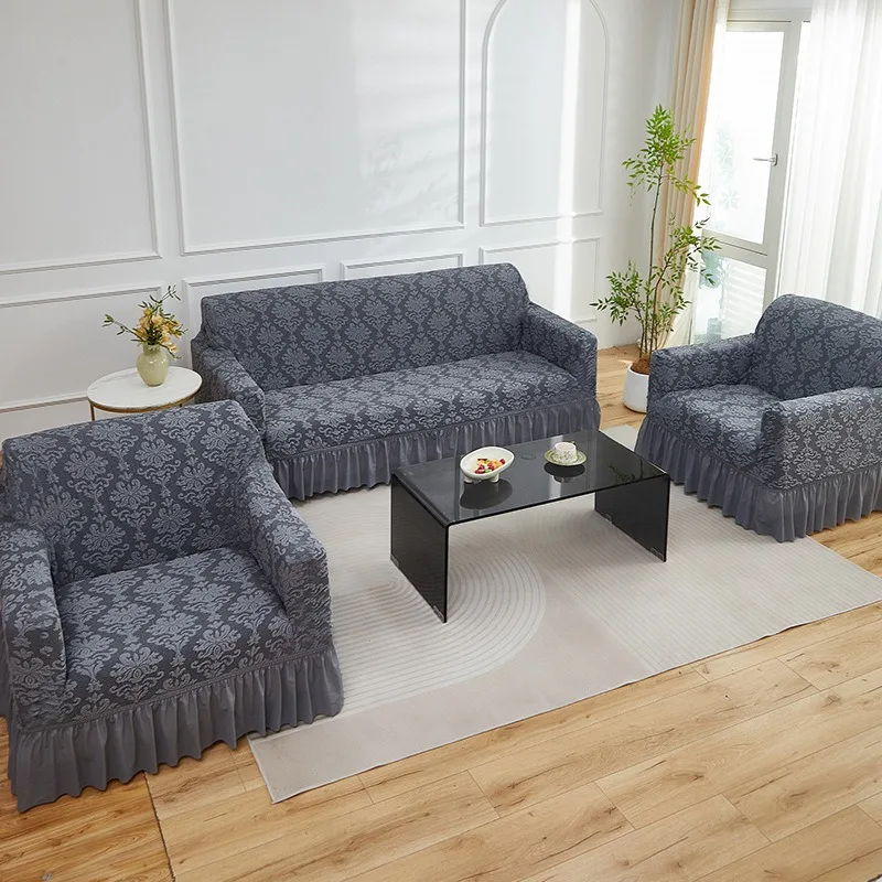 New Black Silk Embossed Jacquard Sofa Cover Skirt, Elastic Sofa Cover for Living Room Combination, Anti-slip Elastic Sofa Cover