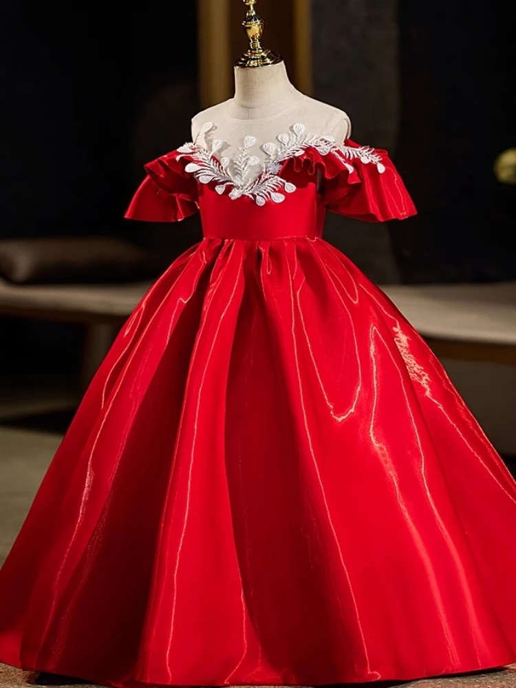 

Elegant Red Flower Girl Dresses Wedding Party Off Shoulder Puffy Skirt Children Birthday Party Dress Kids First Communion Gown