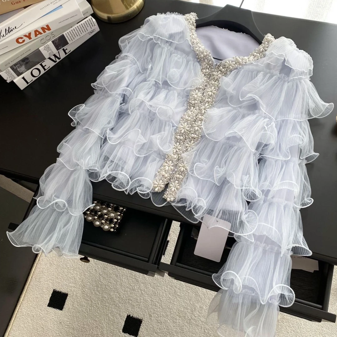 Luxury Women Pearls Diamonds Beads Mesh Ruffles Edge Jacket V-neck Gauze Pleated Ruched Coat Net Yarn Multi-Layers Cardigan Tops