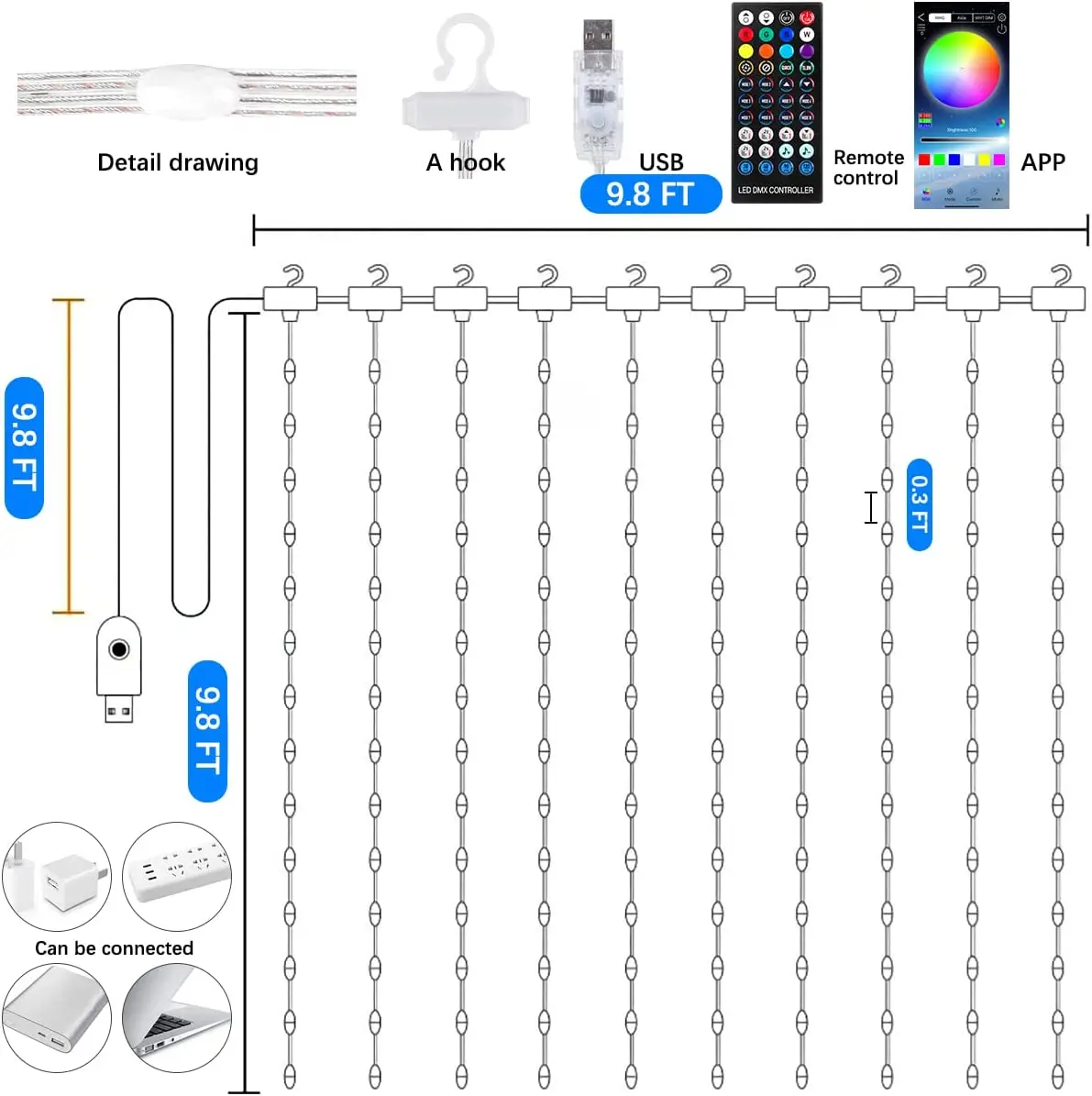 스마트 앱 제어 RGB LED 커튼 조명, 요정 스트링 조명, 크리스마스 웨딩 파티 장식, 실내 야외 화환