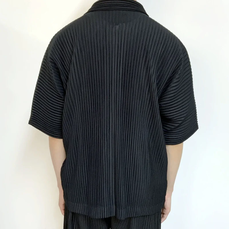 Quality High Japanese Streetwea RFashion Pleated Short Sleeve Men's Shirt Single Breasted Off Shoulder Loose Oversized Tops