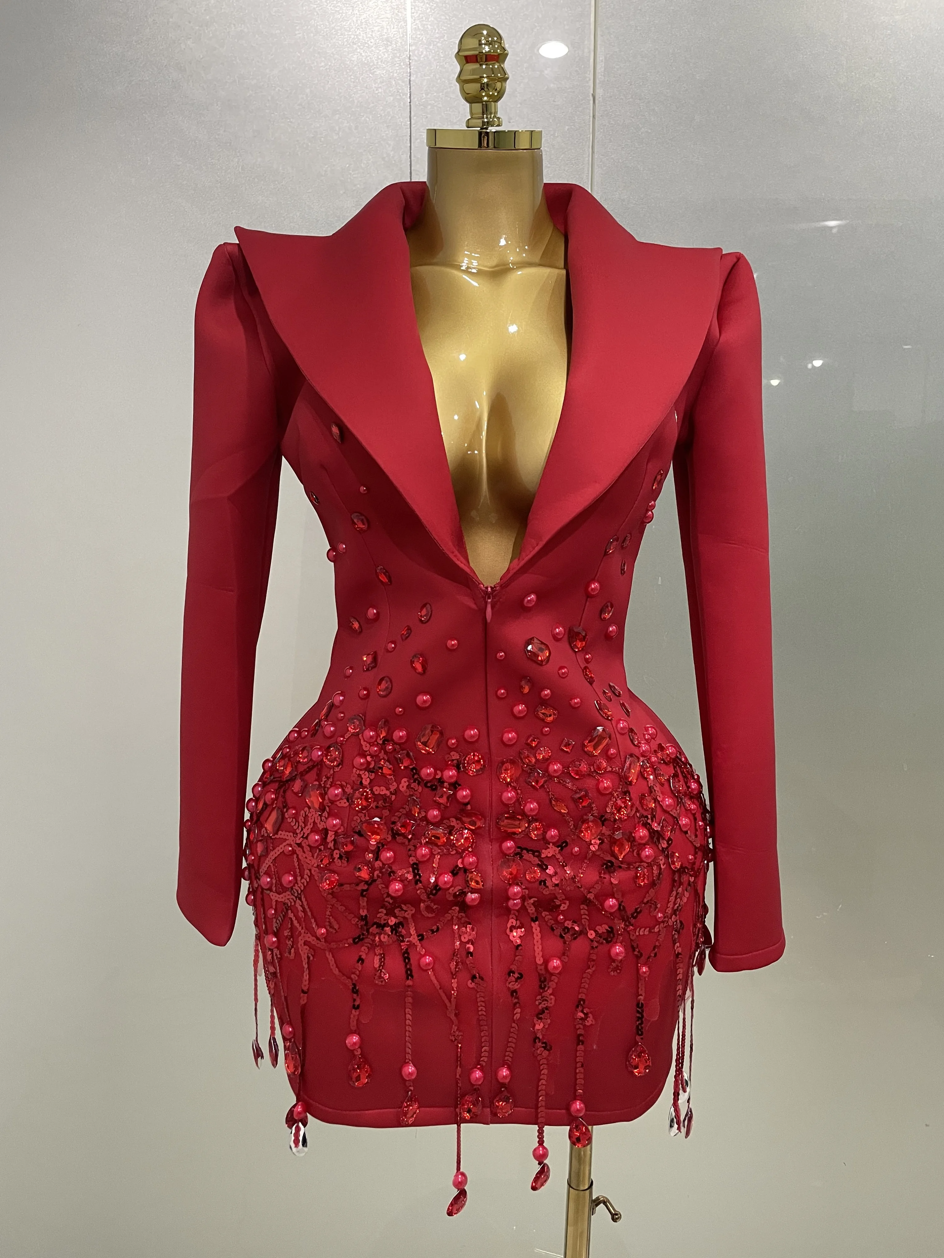 Sparkly kristallen kettingen parels mini-jurk met lange mouwen 2025, dames verjaardag avondfeest nachtclub outfit zanger bruiloft kostuum