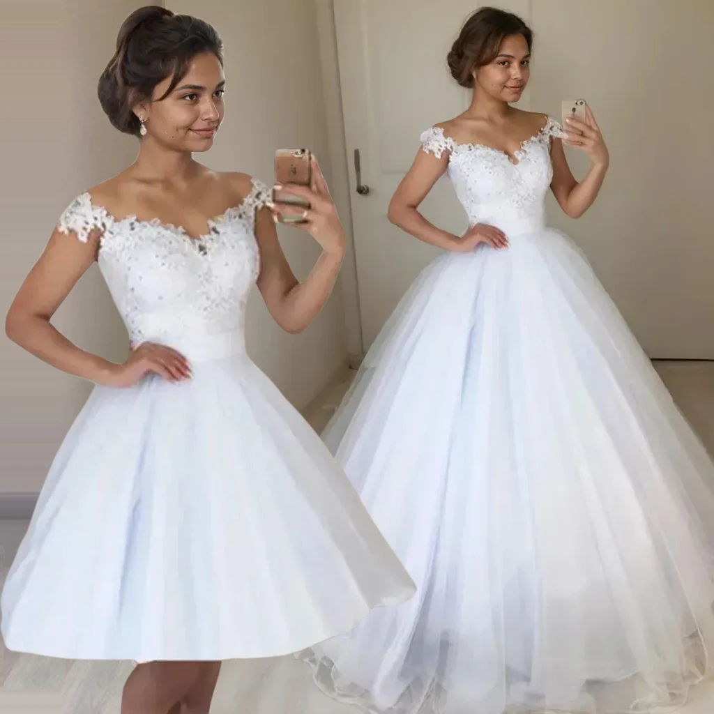 

Customized 2 in 1 Elegant Lace Beads Bridal Dress Romantic Ball Gown Wedding Dresses Detachable Tulle Vestido de Noiva 2 en 1