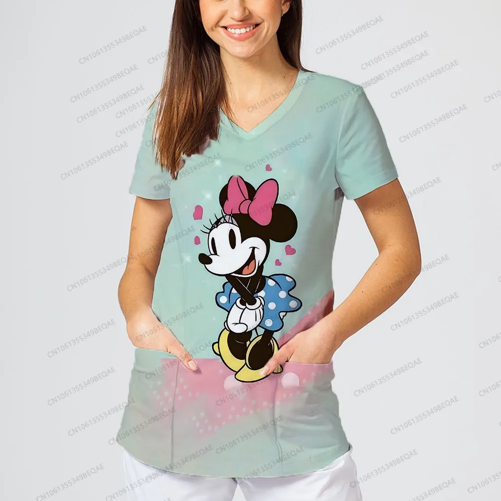 

Женская повседневная униформа медсестры с принтом Диснея и Минни, летняя свободная рабочая одежда с короткими рукавами и v-образным вырезом, футболки в стиле Y2k для женщин