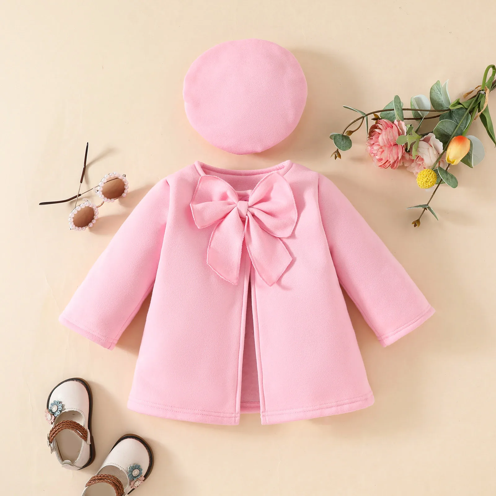 Autumn and winter baby girl bows decorated solid color fashion coat