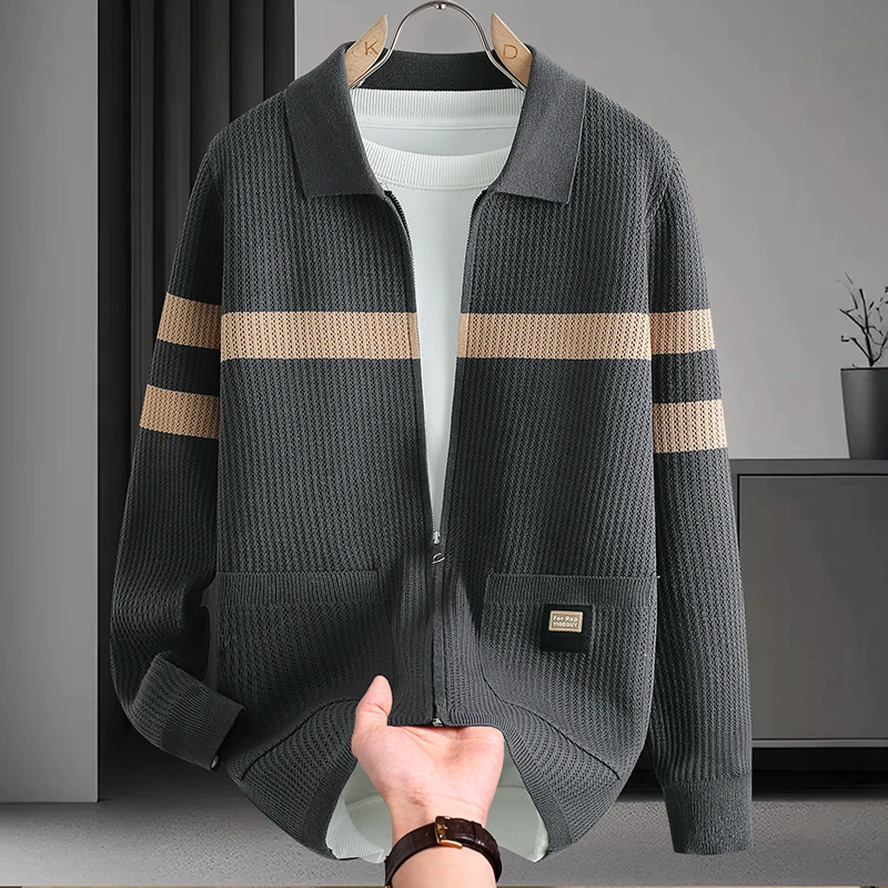 

2025 Autumn/Winter New Men's Polo Knitted Cardigan Sweater Thickened Warm Fashion Stripe Inner Wear Outer Sweater Jacket