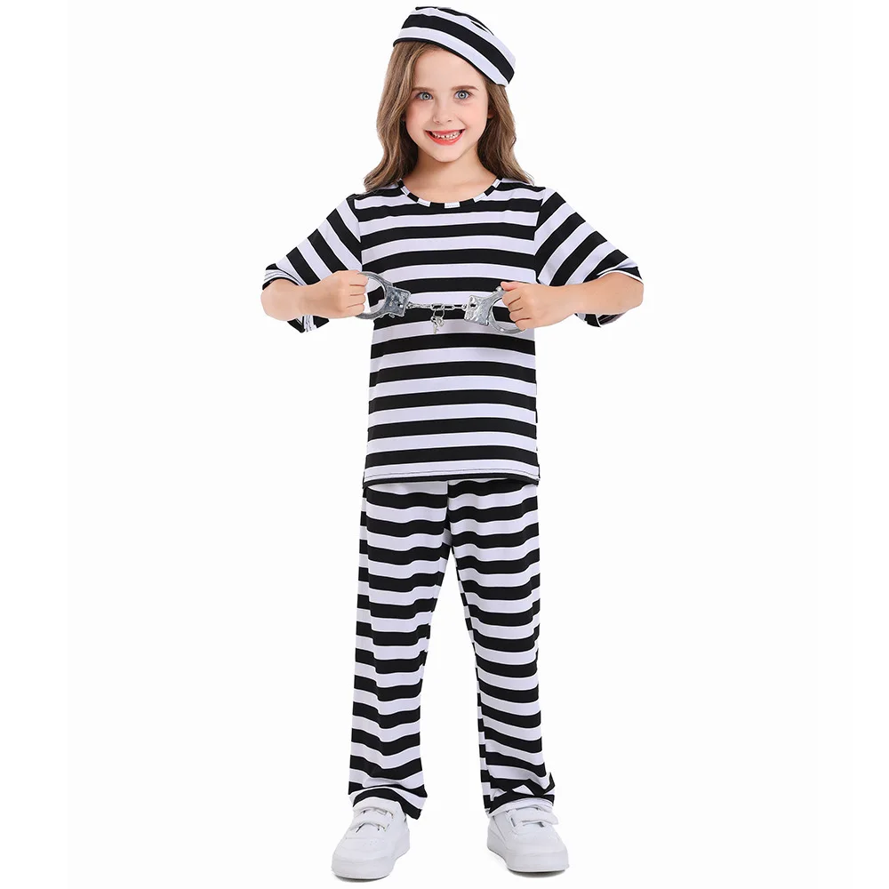 Unisex Kids Children Black White Stripes Prisoner Uniforms Cosplay Girls Halloween Criminal Costumes Carnival Purim Party Dress