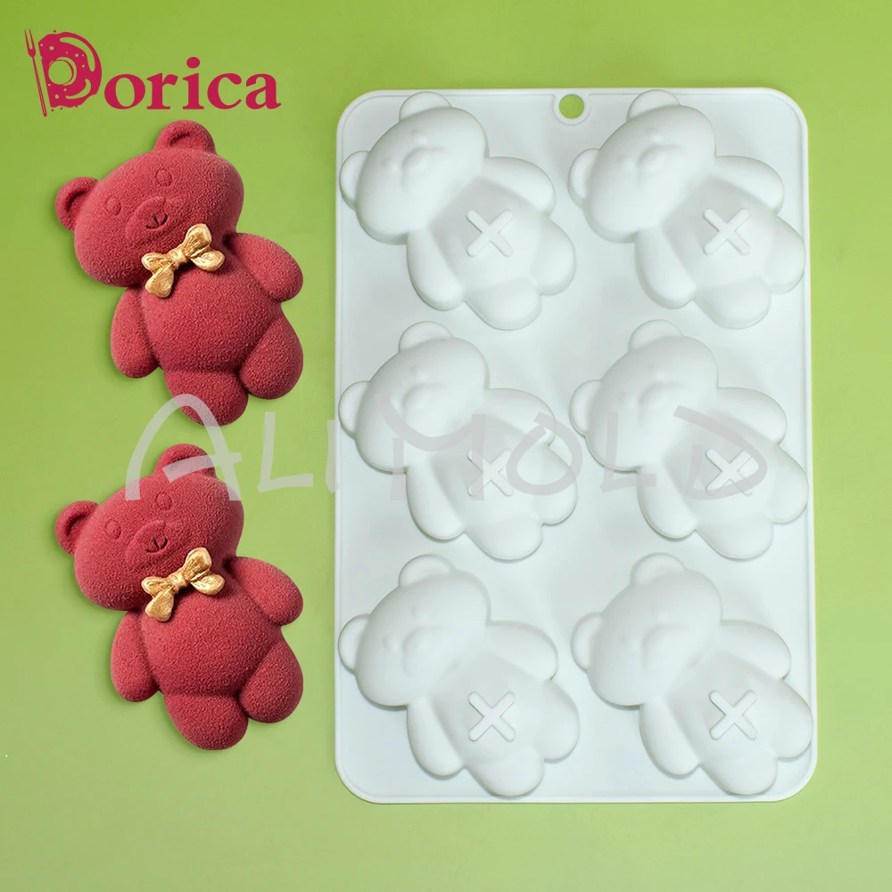Dorica-Moldes de silicona con 6 agujeros, bonito oso, pudín, Chocolate, Mousse, herramientas de decoración de pasteles, moldes para velas y jabón, utensilios de cocina para hornear