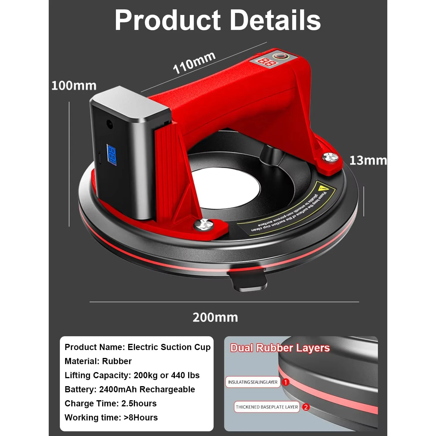 Suction Cup Electric Vacuum Lifter, Kethvoz 440lbs Heavy Duty Handling Gripper with 8'' Automatic Suction Cup to Lift Windshield