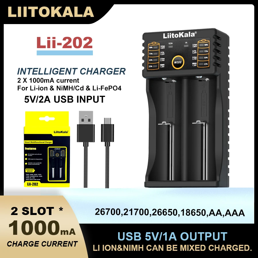 Liitokala Lii-100 Lii-202 Lii-402 1.2V 3.2V 3.7V 18650 26650 21700 16340 17500 AA AAA NiMH Rechargeable Lithium-Battery Charger