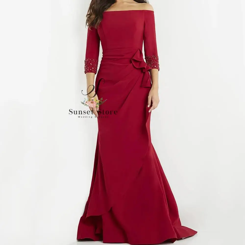 

Customized Mermaid Evening Dresses Floor-length Off The Shoulder Three Quarter Sleeve Prom Gown Fashion Crystal Party Gown