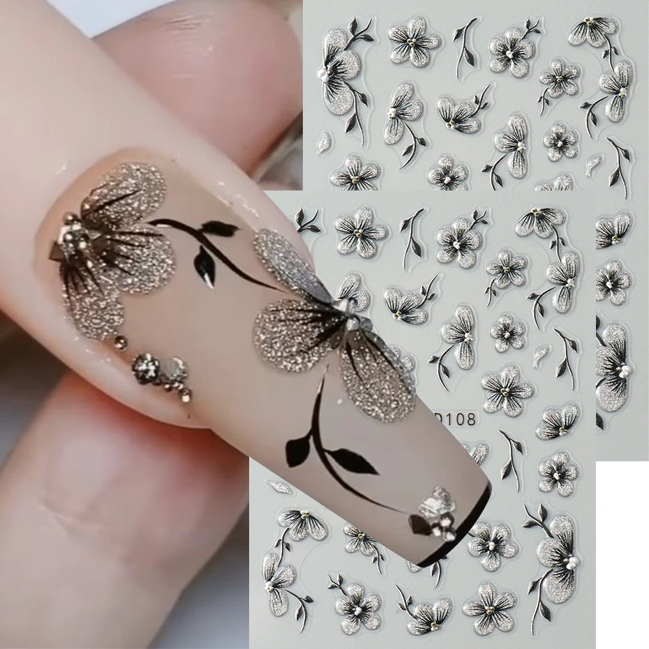 5d em relevo preto glitter flor arte do prego adesivos florescendo design floral decalques de unhas auto-adesivo silder diy manicure suprimentos